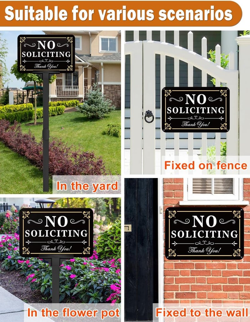 multiwins No Soliciting Sign for House with Stake - Adjustable Height - 12 x 8 Inch/37 Inch High - 50-mil Thick Aluminum -Metal No Soliciting Yard Sign for Home/Front Door and Business (Rectangle-Gold-02) - Image 4